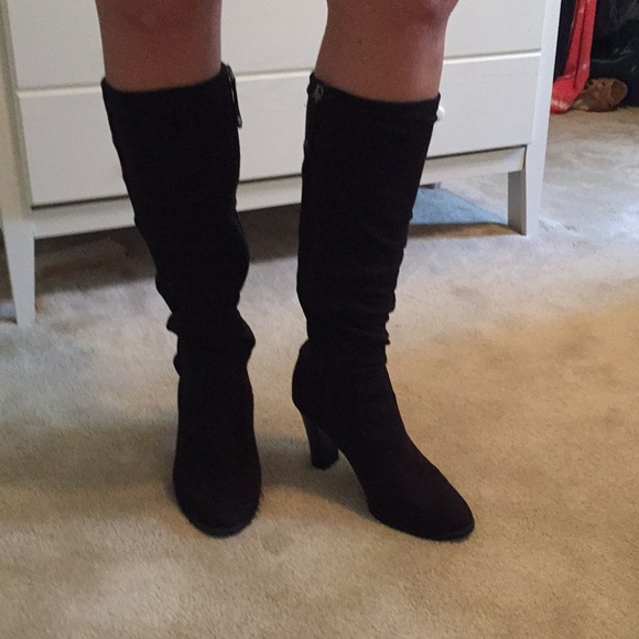 black fabric knee high boots